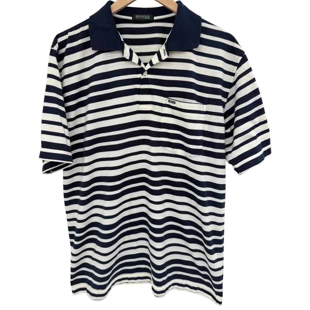 Hugo Boss Lifestyle Striped Polo Shirt Mens Large Navy White Short Sleeve